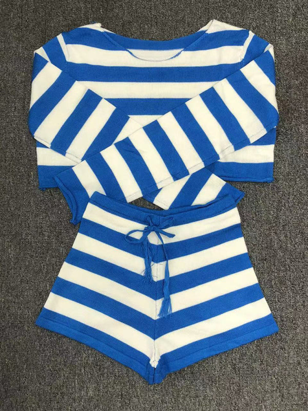 Blue Zone Planet | resort striped knitted midriff-baring shorts set BLUE ZONE PLANET