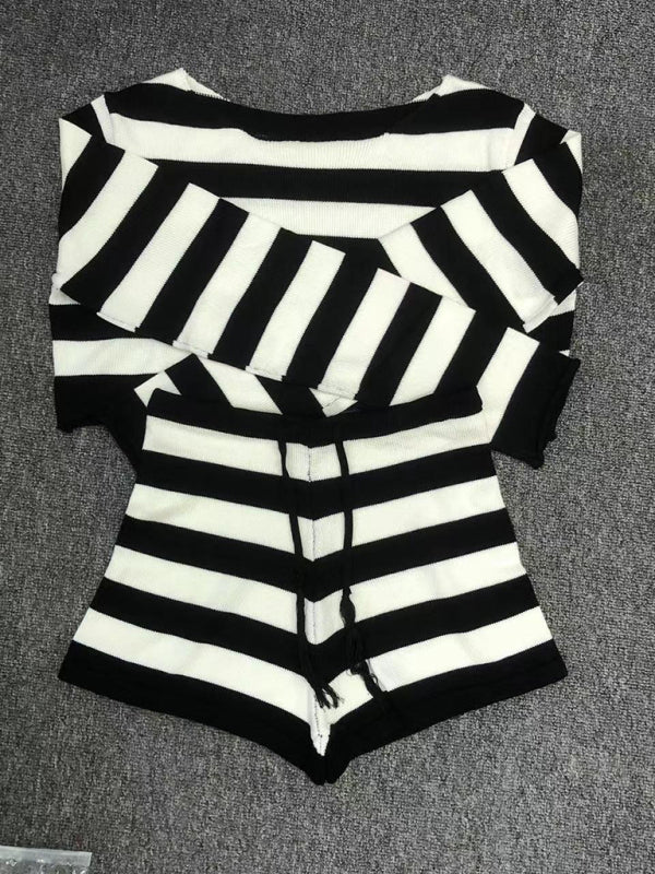 Blue Zone Planet | resort striped knitted midriff-baring shorts set BLUE ZONE PLANET