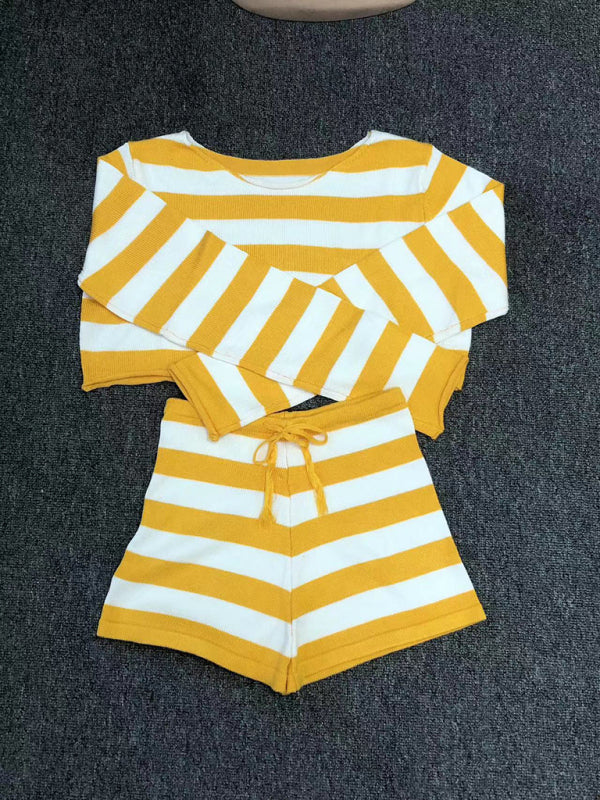 Blue Zone Planet | resort striped knitted midriff-baring shorts set BLUE ZONE PLANET