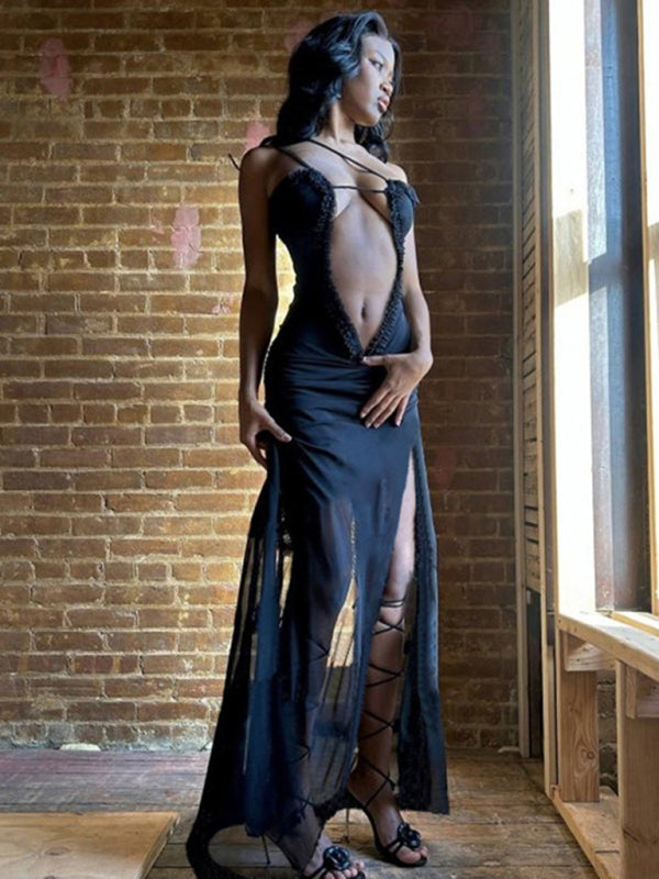 Blue Zone Planet | Digital Print Hollow Sleeveless Halter Neck Wrap Chest and Backless Long Dress BLUE ZONE PLANET