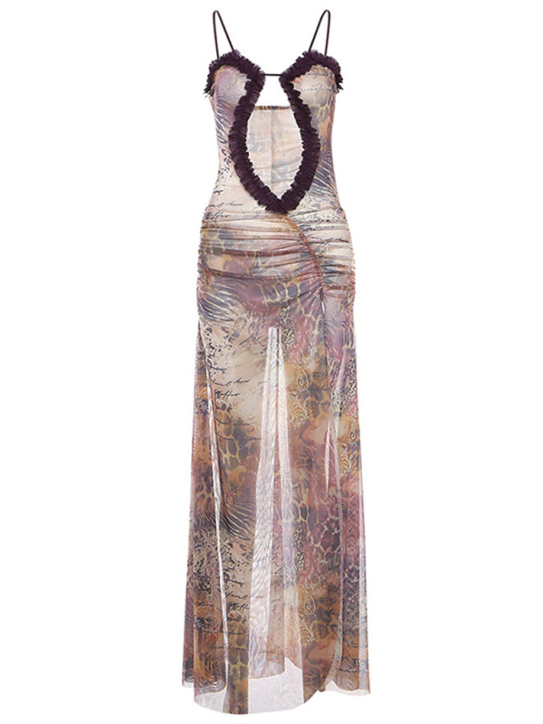 Blue Zone Planet | Digital Print Hollow Sleeveless Halter Neck Wrap Chest and Backless Long Dress BLUE ZONE PLANET