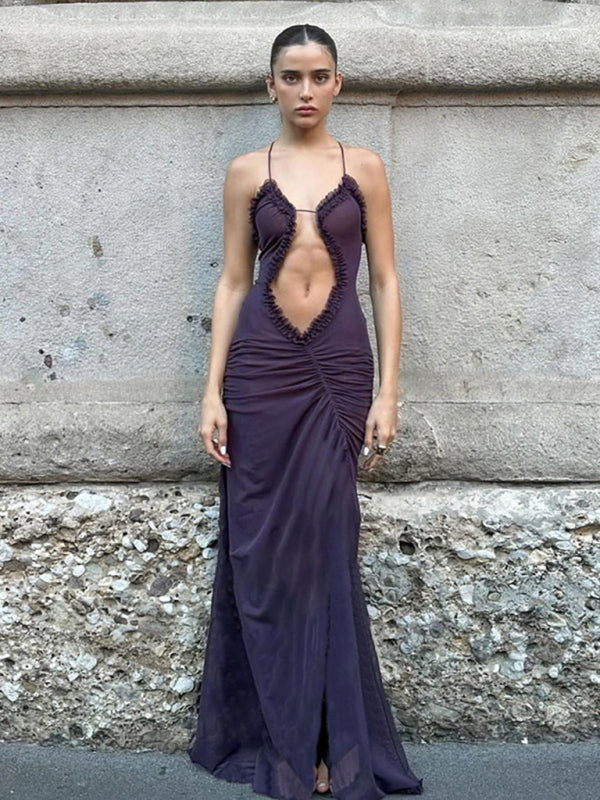 Blue Zone Planet | Digital Print Hollow Sleeveless Halter Neck Wrap Chest and Backless Long Dress BLUE ZONE PLANET