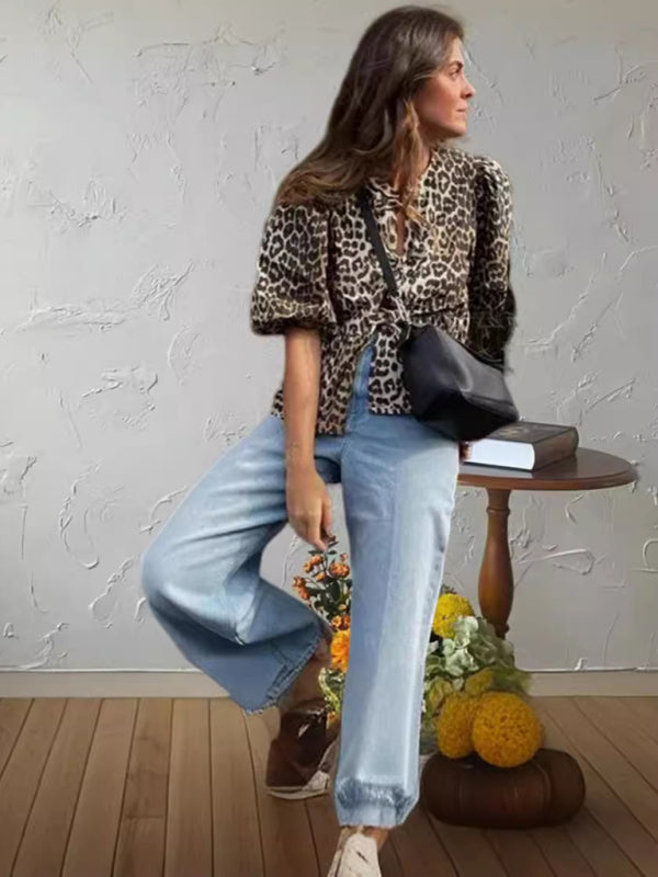 Blue Zone Planet | able Leopard Print Hollow Lace Up Puff Sleeve Shirt Top BLUE ZONE PLANET