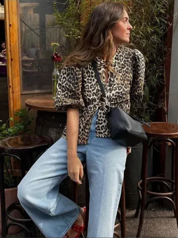 Blue Zone Planet | able Leopard Print Hollow Lace Up Puff Sleeve Shirt Top BLUE ZONE PLANET