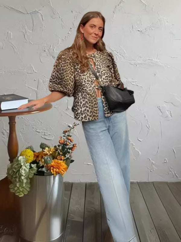 Blue Zone Planet | able Leopard Print Hollow Lace Up Puff Sleeve Shirt Top BLUE ZONE PLANET