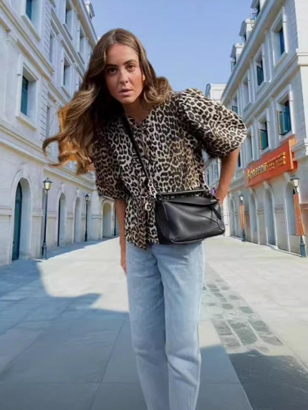 Blue Zone Planet | able Leopard Print Hollow Lace Up Puff Sleeve Shirt Top BLUE ZONE PLANET