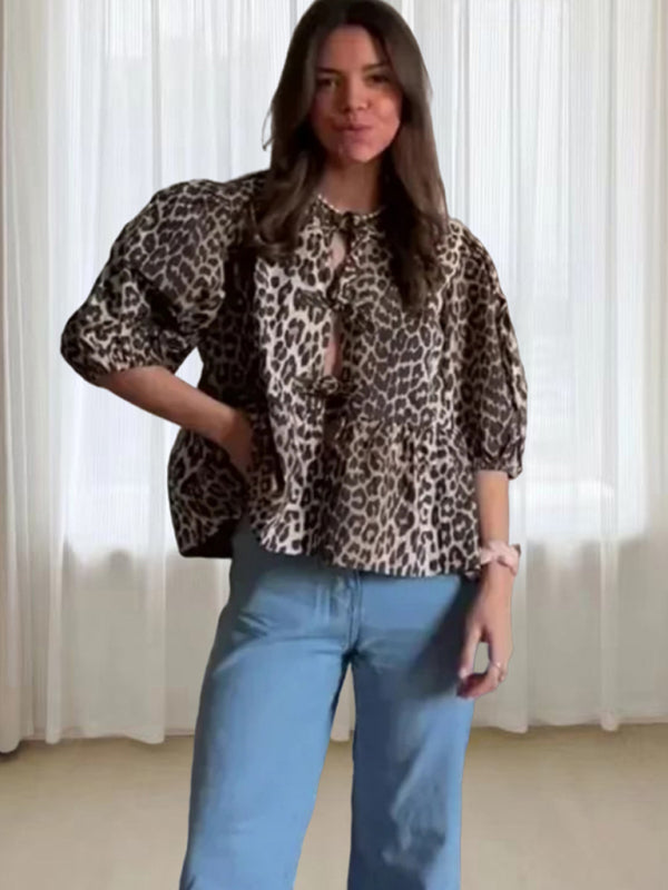 Blue Zone Planet | able Leopard Print Hollow Lace Up Puff Sleeve Shirt Top BLUE ZONE PLANET