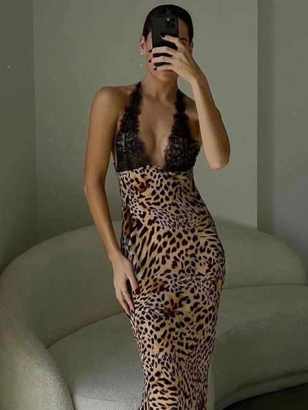 Blue Zone Planet |  Lace Spaghetti Strap Backless Slim Printed Dress BLUE ZONE PLANET