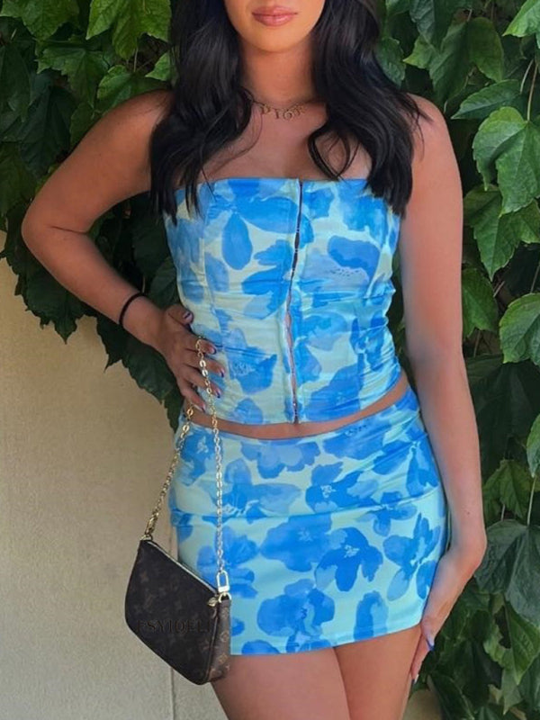 Blue Zone Planet |  Tube Top Flower Pattern Tunic Top Hip Cover Skirt Suit BLUE ZONE PLANET
