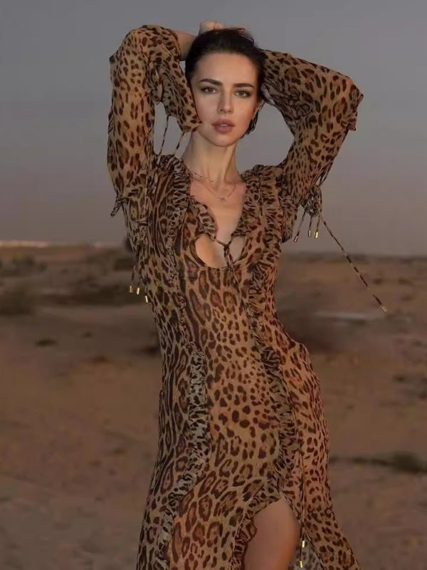 Blue Zone Planet | leopard print long skirt with ruffled front slit and long sleeves BLUE ZONE PLANET