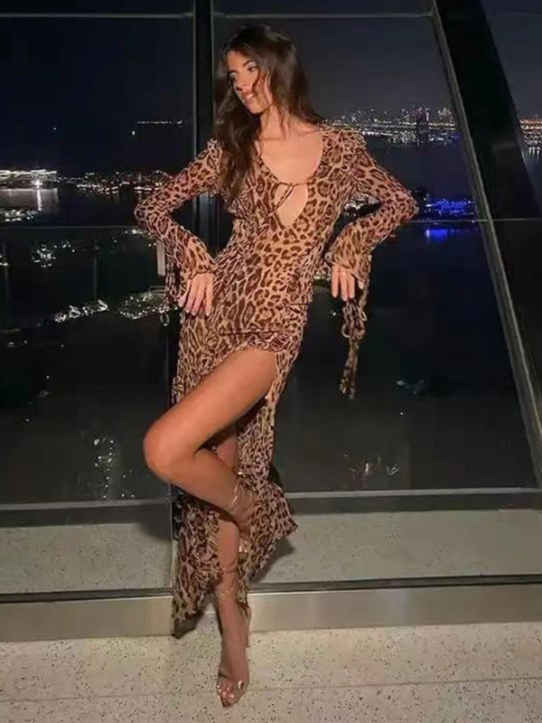 Blue Zone Planet | leopard print long skirt with ruffled front slit and long sleeves BLUE ZONE PLANET