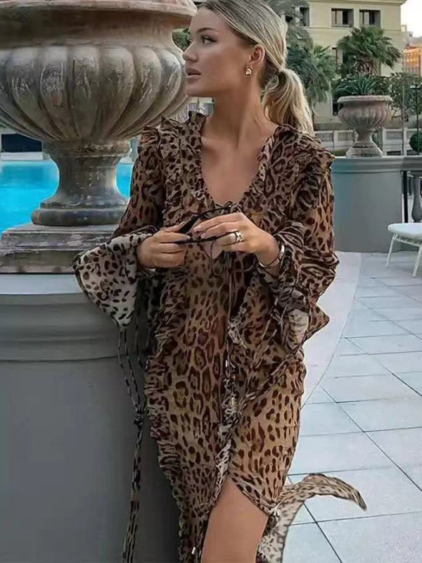 Blue Zone Planet | leopard print long skirt with ruffled front slit and long sleeves BLUE ZONE PLANET