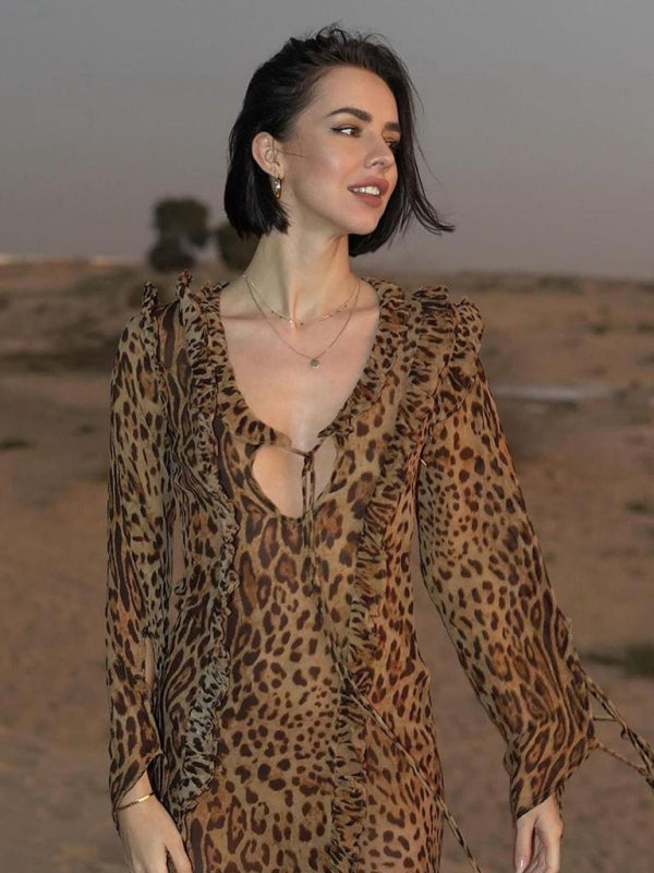 Blue Zone Planet | leopard print long skirt with ruffled front slit and long sleeves BLUE ZONE PLANET