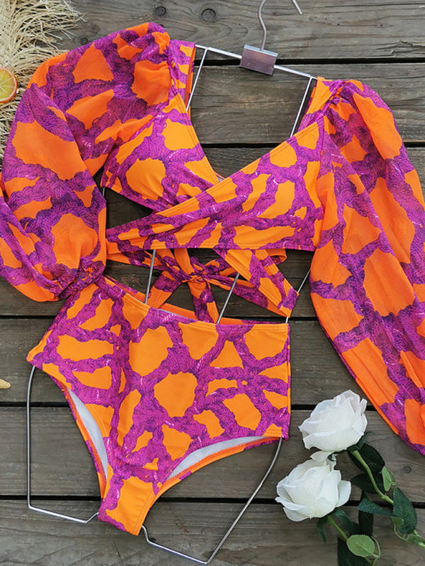 Blue Zone Planet | stylish and printed vacation long-sleeved bikini three-piece set (top + pants + skirt) BLUE ZONE PLANET