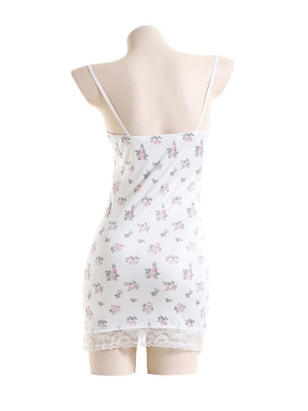 Blue Zone Planet | floral contrasting lace stitching low-cut spaghetti strap-covering skirt BLUE ZONE PLANET