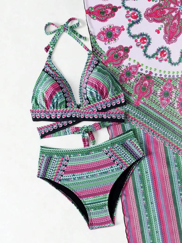 Blue Zone Planet | Bikini Digital Printed Swimsuit Shawl Beach High Waist Swimsuit Three Piece Set BLUE ZONE PLANET