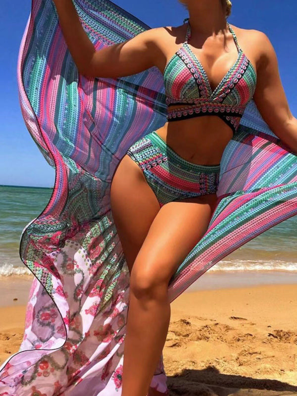 Blue Zone Planet | Bikini Digital Printed Swimsuit Shawl Beach High Waist Swimsuit Three Piece Set BLUE ZONE PLANET