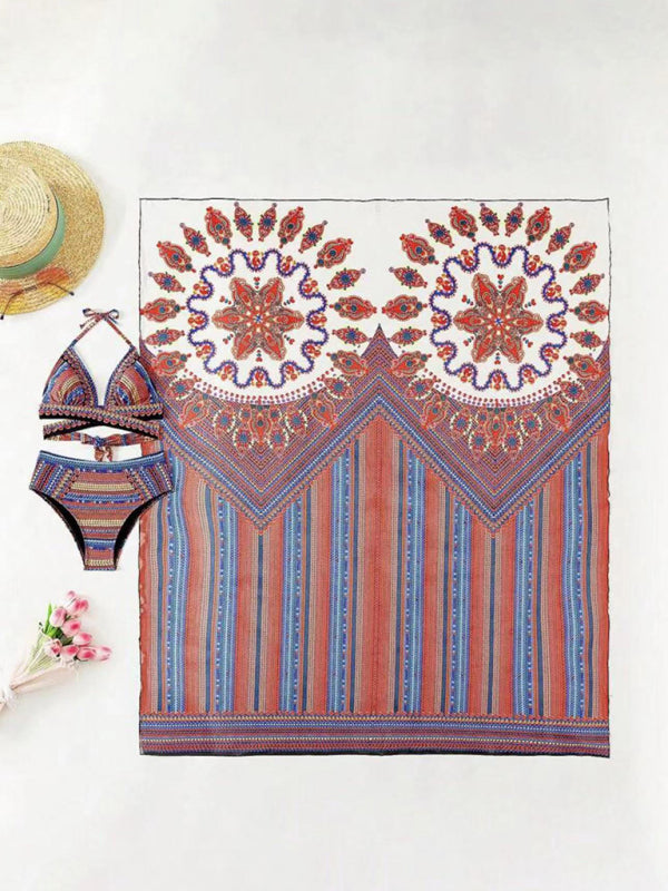 Blue Zone Planet | Bikini Digital Printed Swimsuit Shawl Beach High Waist Swimsuit Three Piece Set BLUE ZONE PLANET
