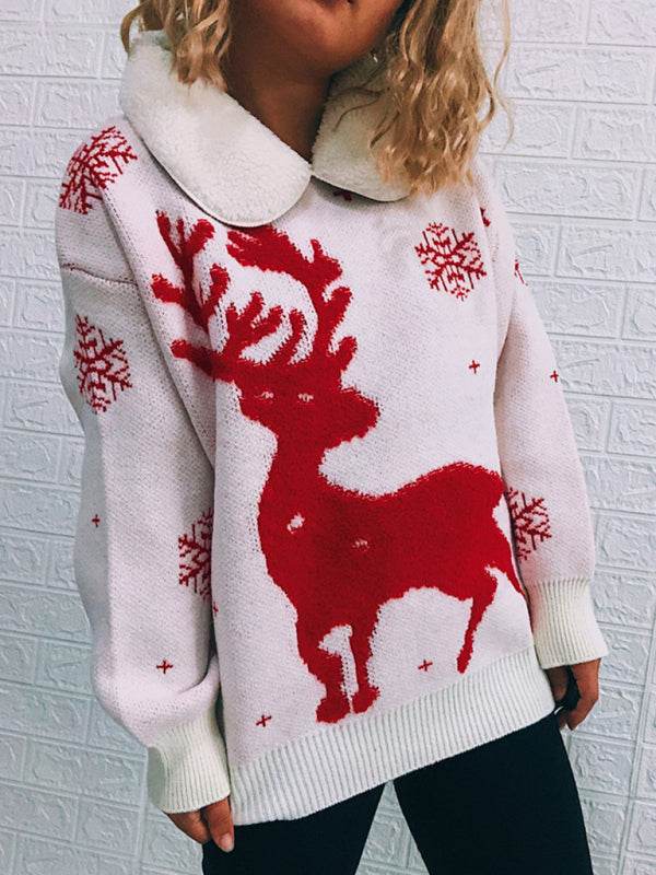 Blue Zone Planet | Women's Patchwork Lapel Long Sleeve Christmas Themed Sweater New Year Knit Sweater kakaclo
