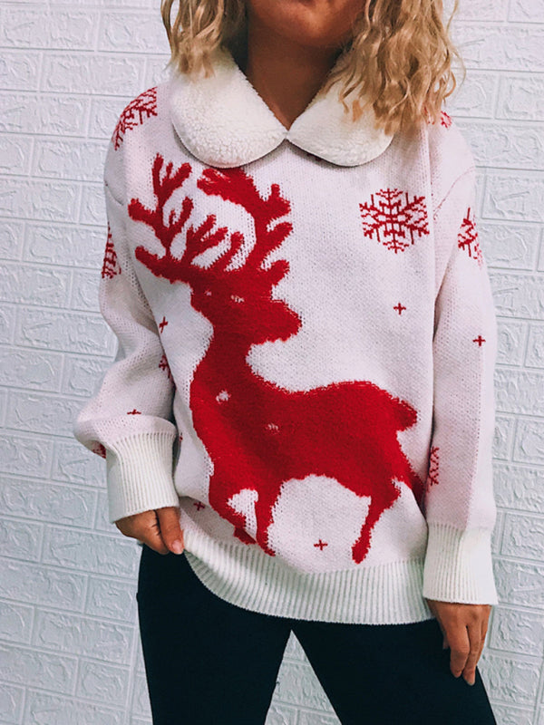 Blue Zone Planet | Women's Patchwork Lapel Long Sleeve Christmas Themed Sweater New Year Knit Sweater kakaclo