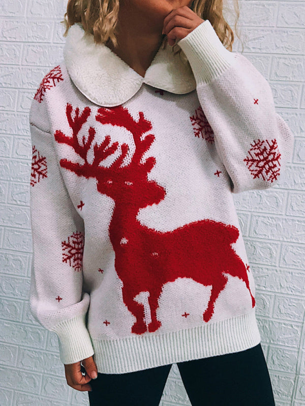 Blue Zone Planet | Women's Patchwork Lapel Long Sleeve Christmas Themed Sweater New Year Knit Sweater kakaclo