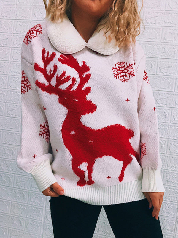 Blue Zone Planet | Women's Patchwork Lapel Long Sleeve Christmas Themed Sweater New Year Knit Sweater kakaclo