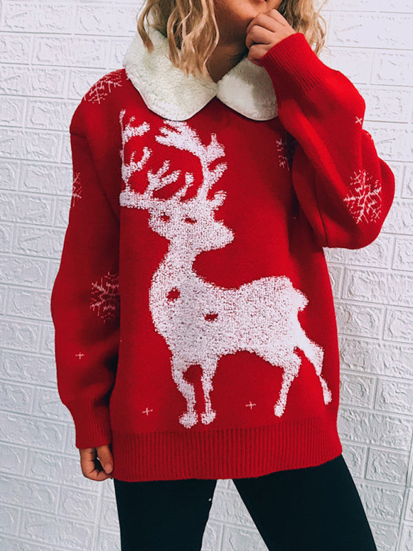 Blue Zone Planet | Women's Patchwork Lapel Long Sleeve Christmas Themed Sweater New Year Knit Sweater kakaclo