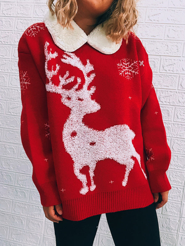 Blue Zone Planet | Women's Patchwork Lapel Long Sleeve Christmas Themed Sweater New Year Knit Sweater kakaclo