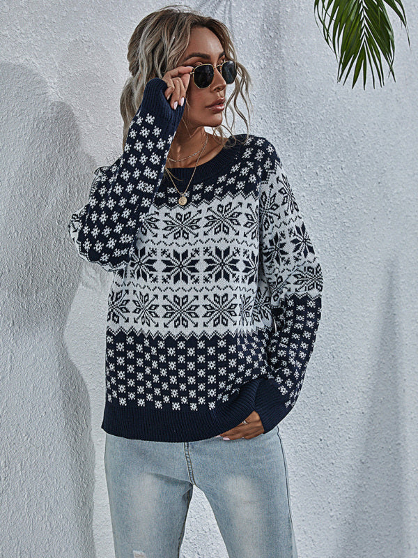 Blue Zone Planet | Women's Snowflake Knit Loose Long Sleeve Pullover Crew Neck Christmas Sweater kakaclo