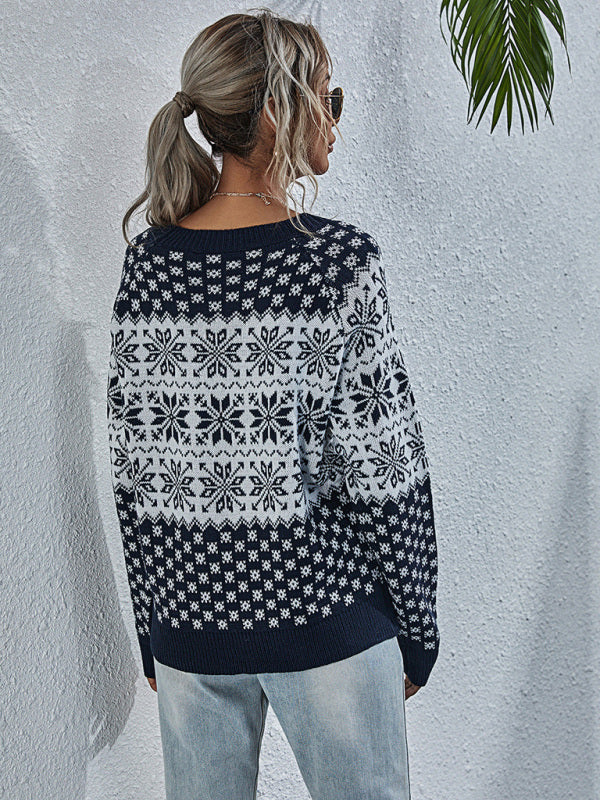 Blue Zone Planet | Women's Snowflake Knit Loose Long Sleeve Pullover Crew Neck Christmas Sweater kakaclo