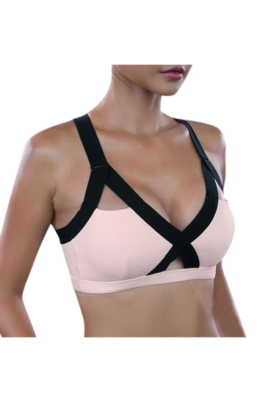 Color Contrast Cross Elastic Sports Bra BLUE ZONE PLANET