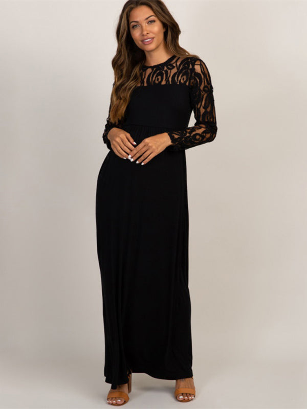 Blue Zone Planet | Solid color maternity lace hollow long-sleeve maxi dress BLUE ZONE PLANET