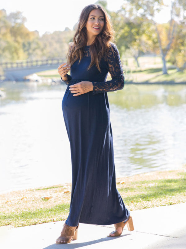 Blue Zone Planet | Solid color maternity lace hollow long-sleeve maxi dress BLUE ZONE PLANET