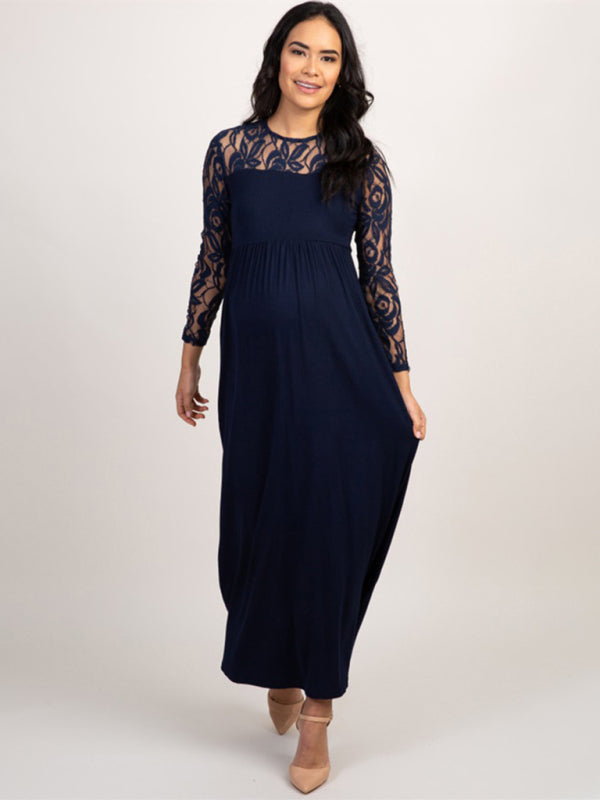 Blue Zone Planet | Solid color maternity lace hollow long-sleeve maxi dress BLUE ZONE PLANET