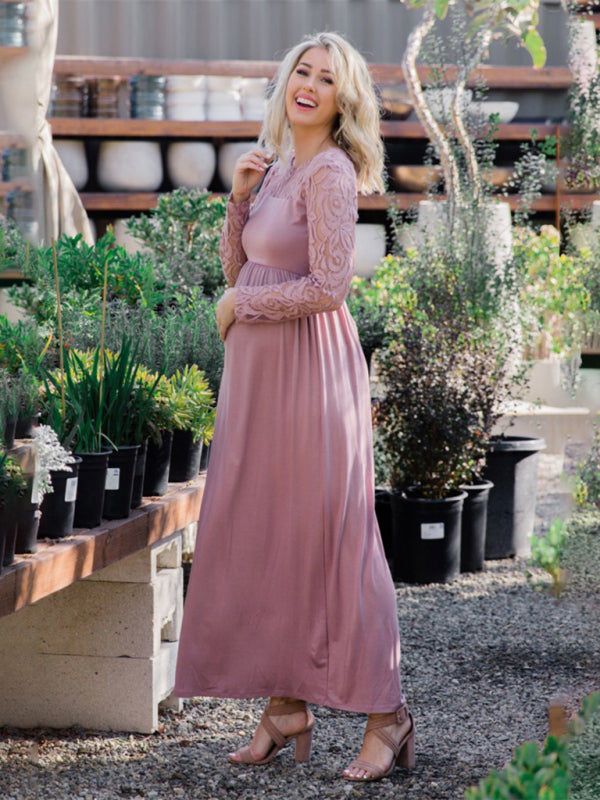 Blue Zone Planet | Solid color maternity lace hollow long-sleeve maxi dress BLUE ZONE PLANET