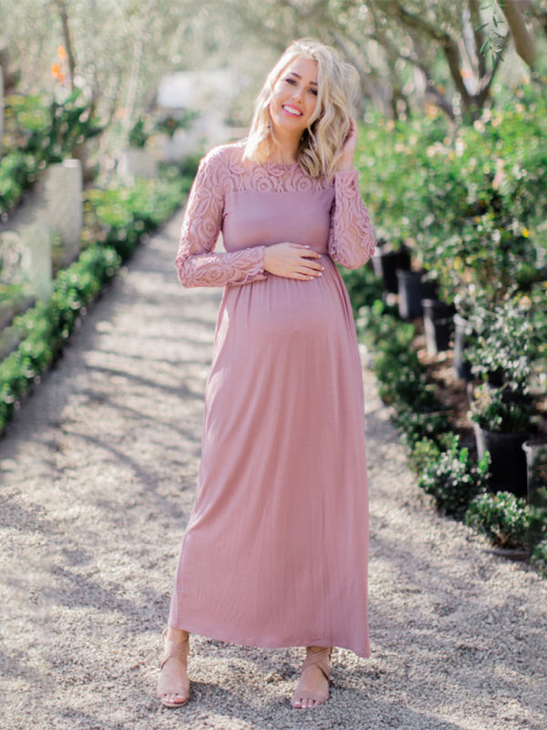 Blue Zone Planet | Solid color maternity lace hollow long-sleeve maxi dress BLUE ZONE PLANET