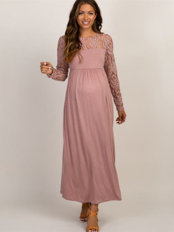 Blue Zone Planet | Solid color maternity lace hollow long-sleeve maxi dress BLUE ZONE PLANET