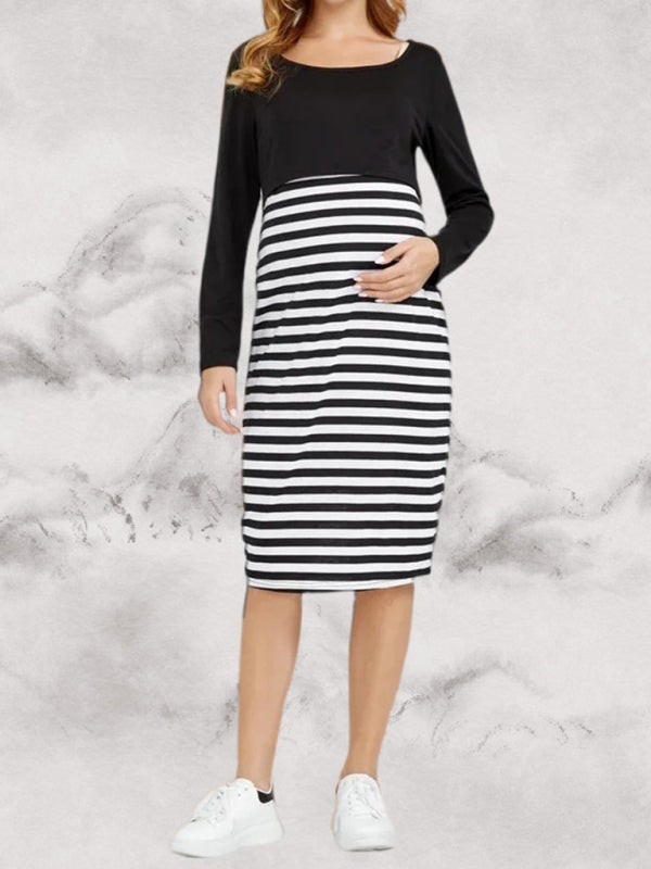 Blue Zone Planet | Maternity long sleeve striped round neck dress kakaclo