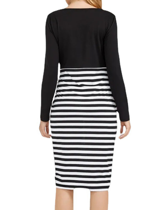 Blue Zone Planet | Maternity long sleeve striped round neck dress kakaclo