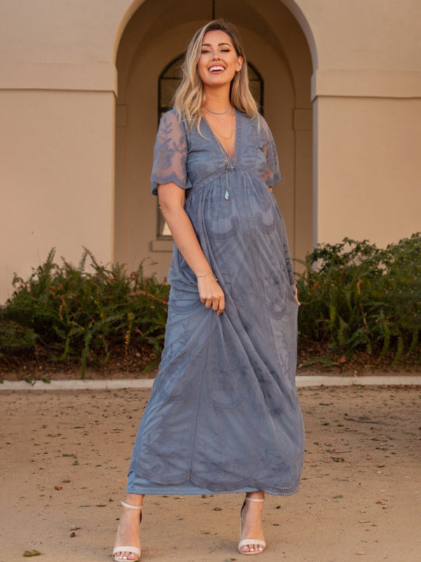 Blue Zone Planet | Maternity clothes-Woven short-sleeved V-neck lace long dress BLUE ZONE PLANET
