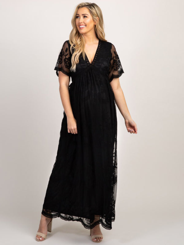 Blue Zone Planet | Maternity clothes-Woven short-sleeved V-neck lace long dress BLUE ZONE PLANET