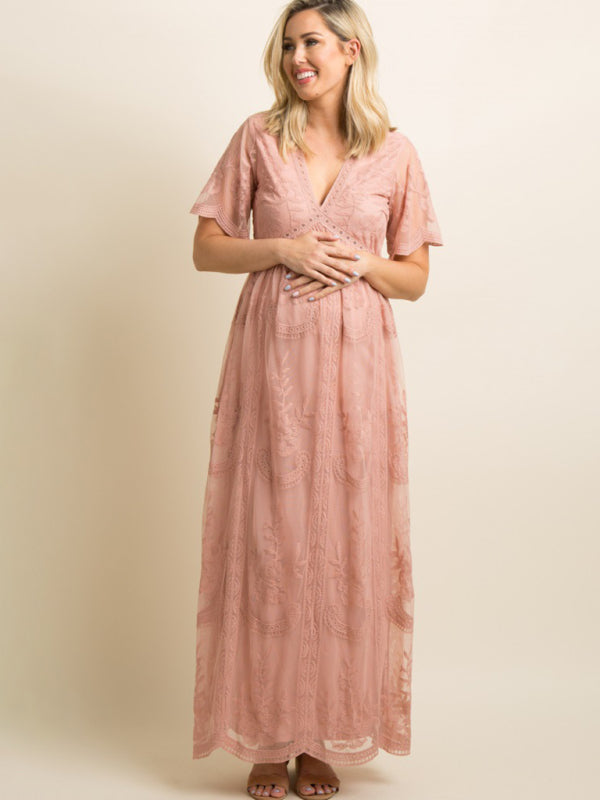 Blue Zone Planet | Maternity clothes-Woven short-sleeved V-neck lace long dress BLUE ZONE PLANET