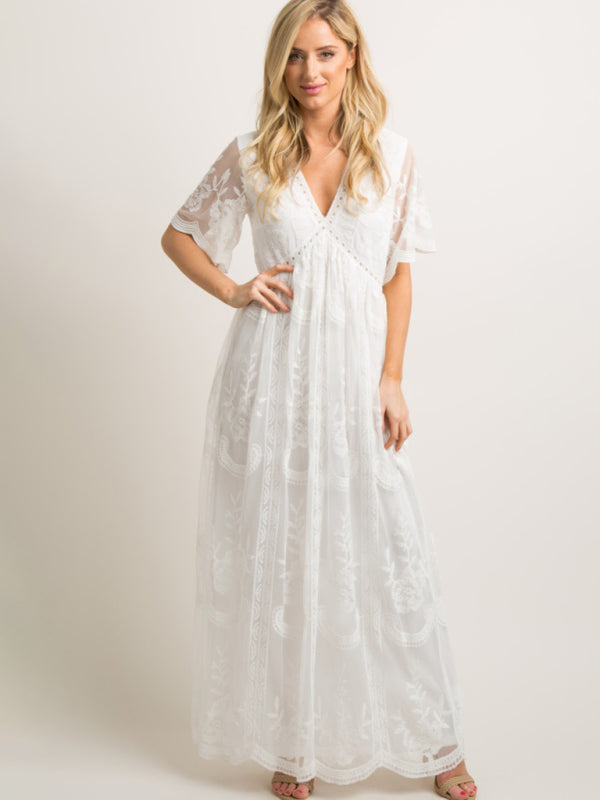 Blue Zone Planet | Maternity clothes-Woven short-sleeved V-neck lace long dress BLUE ZONE PLANET