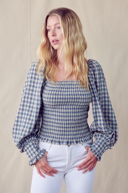 &merci Gingham Square Neck Smocked Balloon Sleeve Top BLUE ZONE PLANET