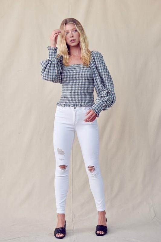 &merci Gingham Square Neck Smocked Balloon Sleeve Top BLUE ZONE PLANET