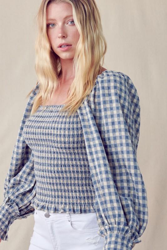 &merci Gingham Square Neck Smocked Balloon Sleeve Top BLUE ZONE PLANET
