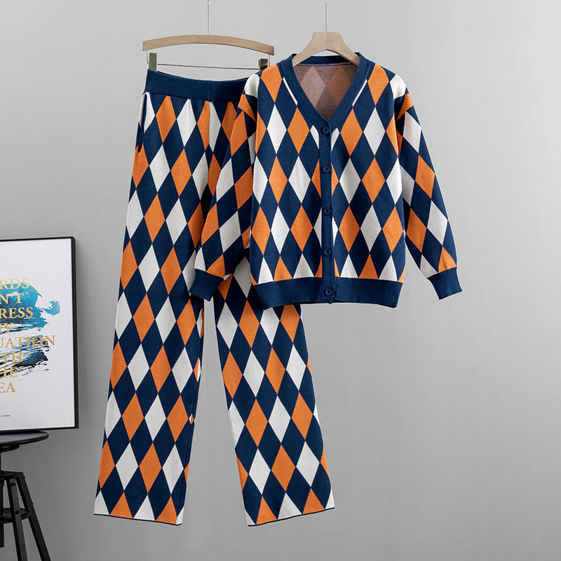 suit fall and winter plaid knit cardigan top pants two-piece tide kakaclo