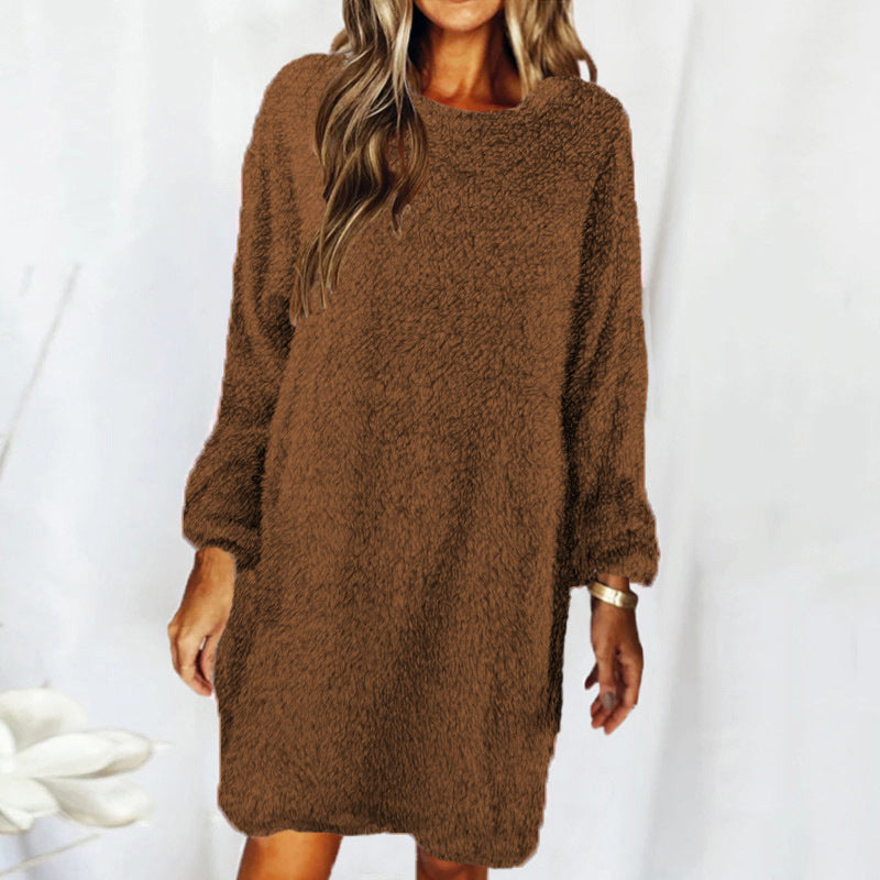 Blue Zone Planet | Autumn Winter Loose Long Sleeved Plush Dress kakaclo