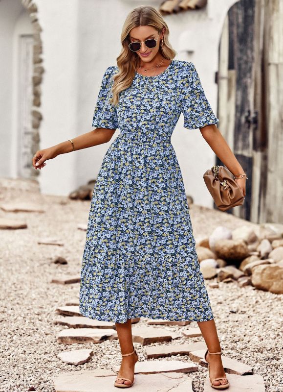 New round neck printed waist A-line dress BLUE ZONE PLANET