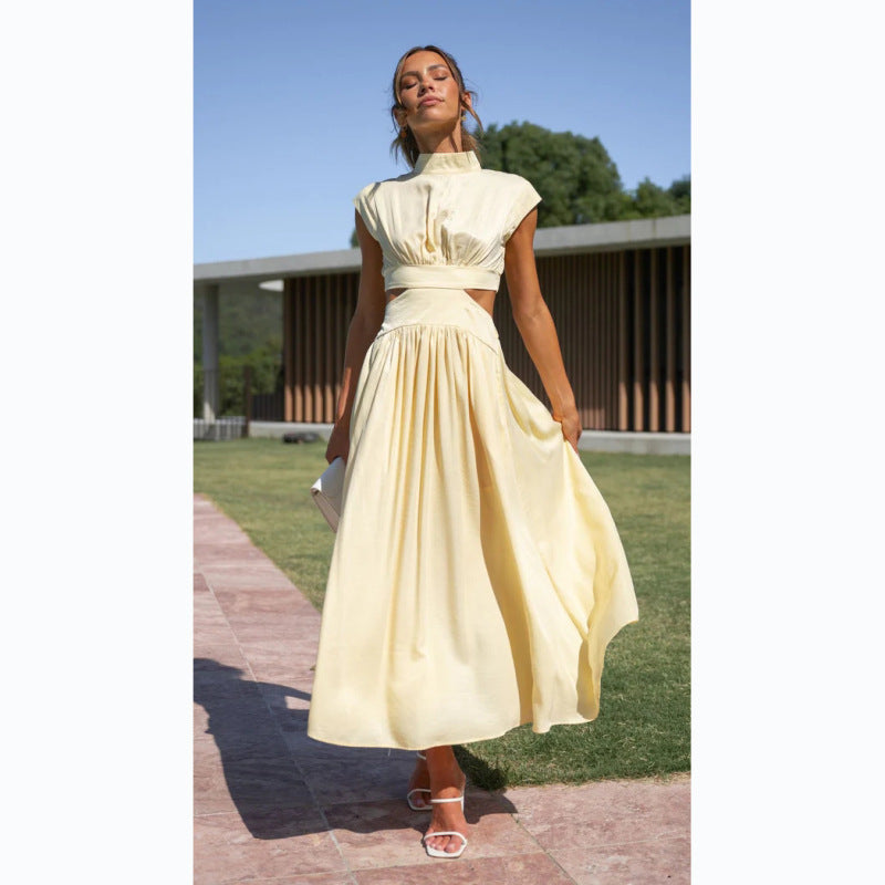 Blue Zone Planet | Stand Collar Macaron Open Waist Pleated Long Dress kakaclo